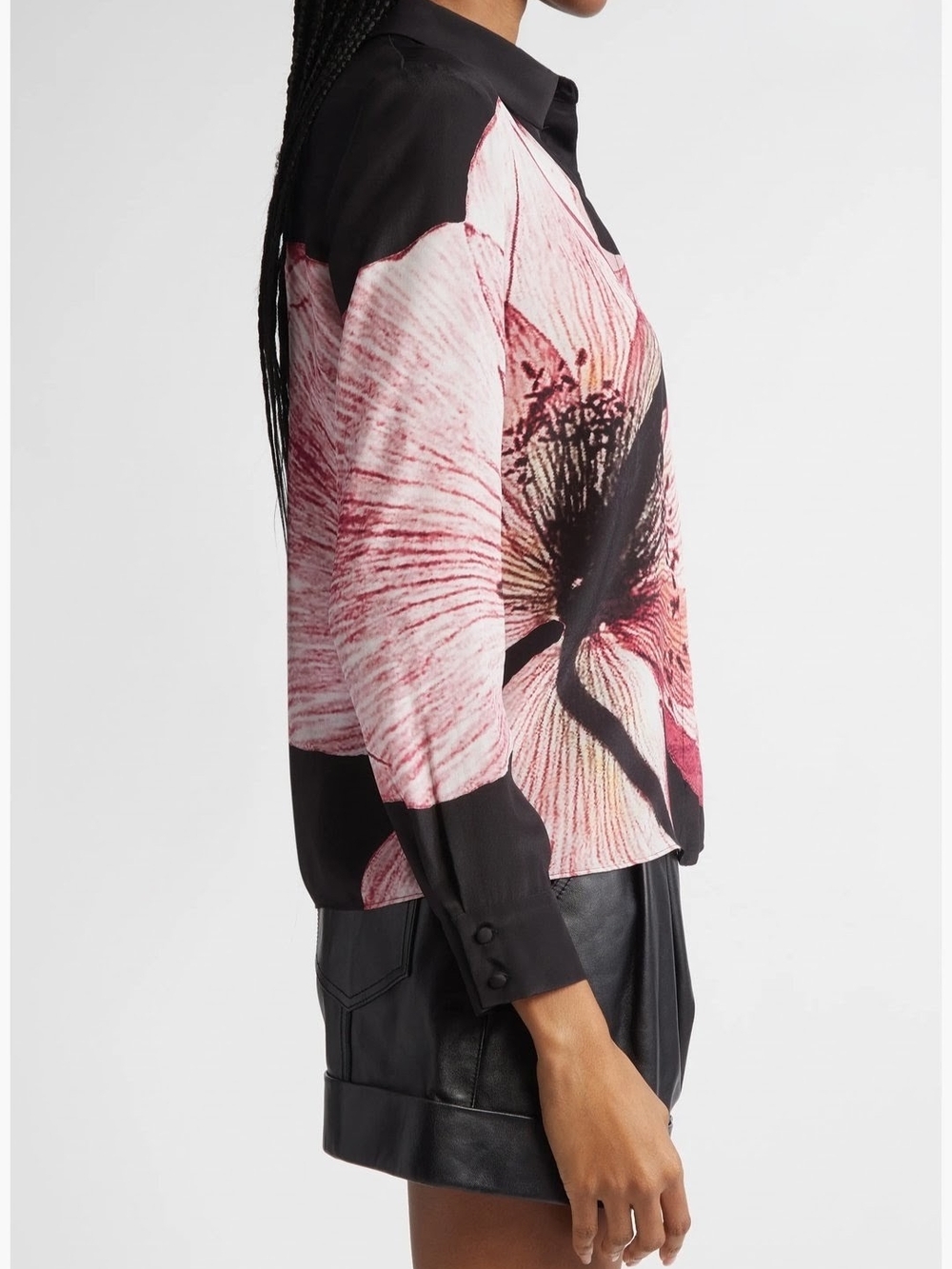 Alice + Olivia Willa Luna Floral 100% Silk Blouse Size M Black Pink - Picture 3 of 14